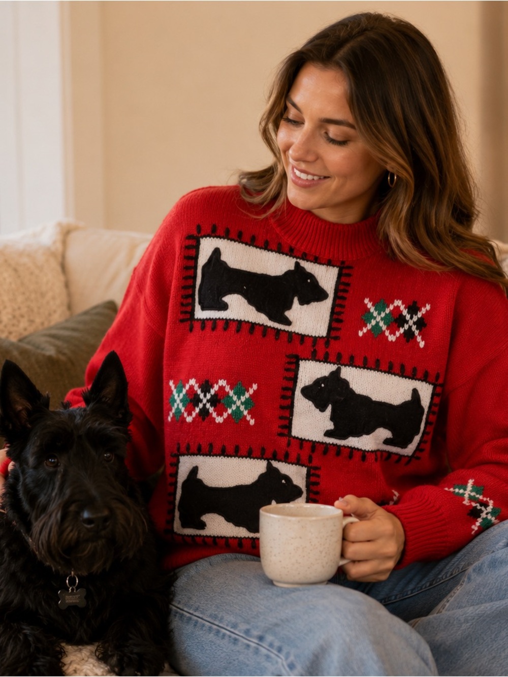 Vintage Karen Scott Scottish Terrier Scotty dog Argyle Sweater Medium